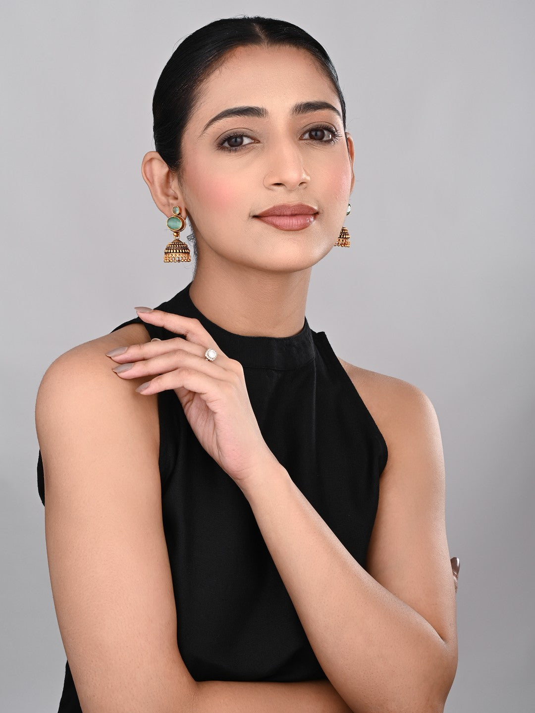 Sage Green stone top & Gold Jhumka Earring
