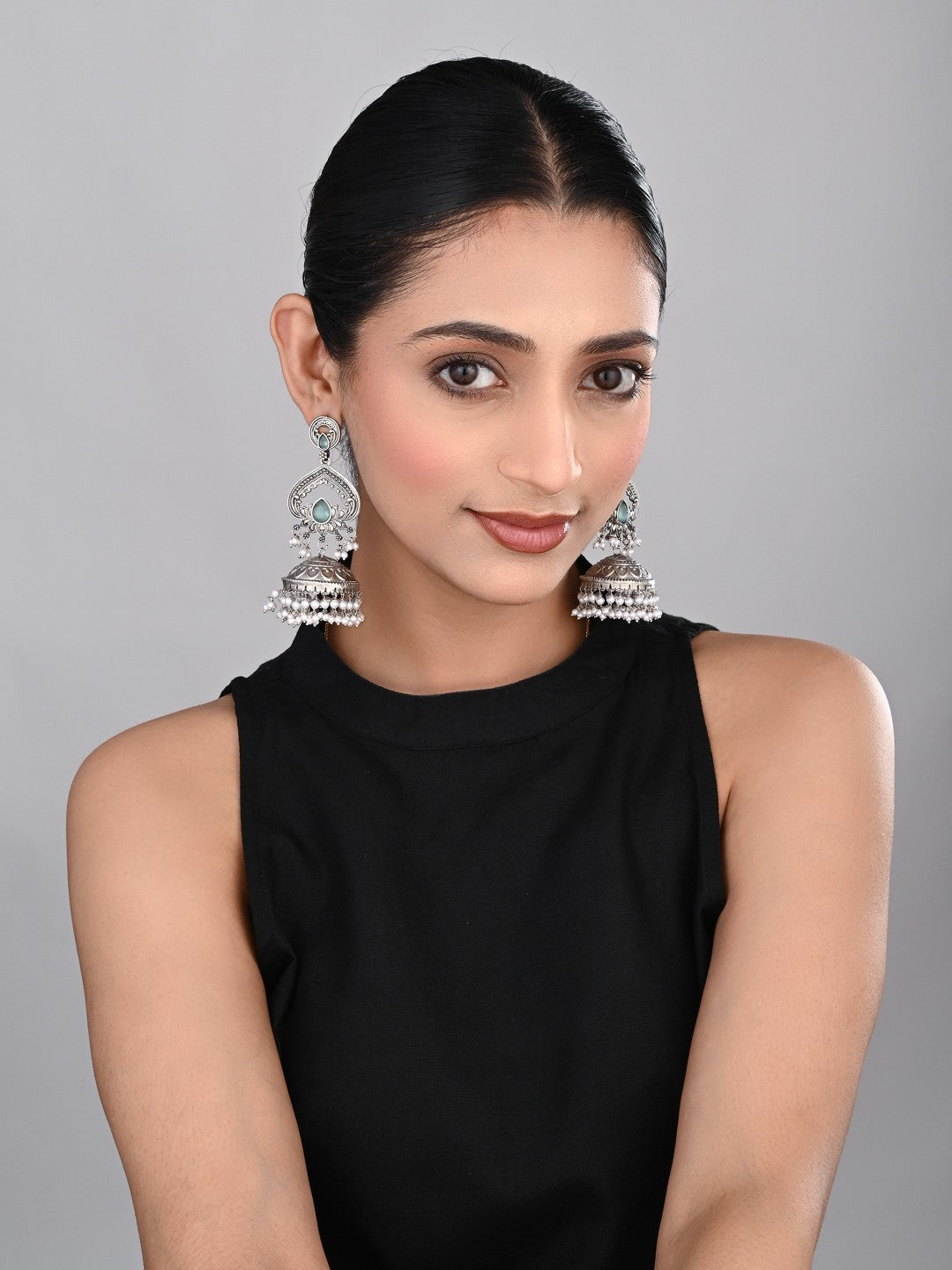 Silver plated long Jhumka - Blue