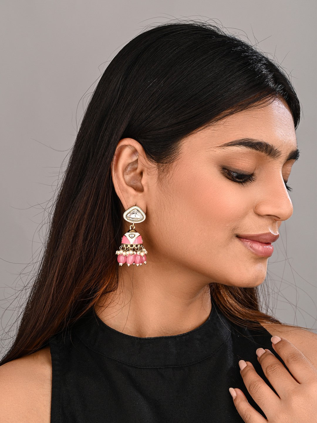 Enamelled Jhumka Earring - Pink