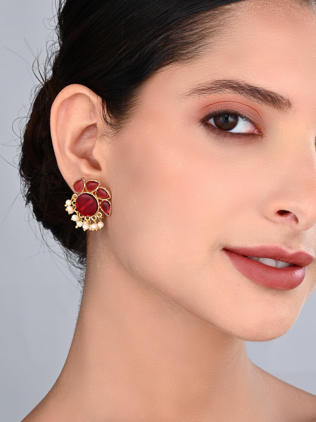 Stone Gold-Toned Earrings with Pearl Drops - Red