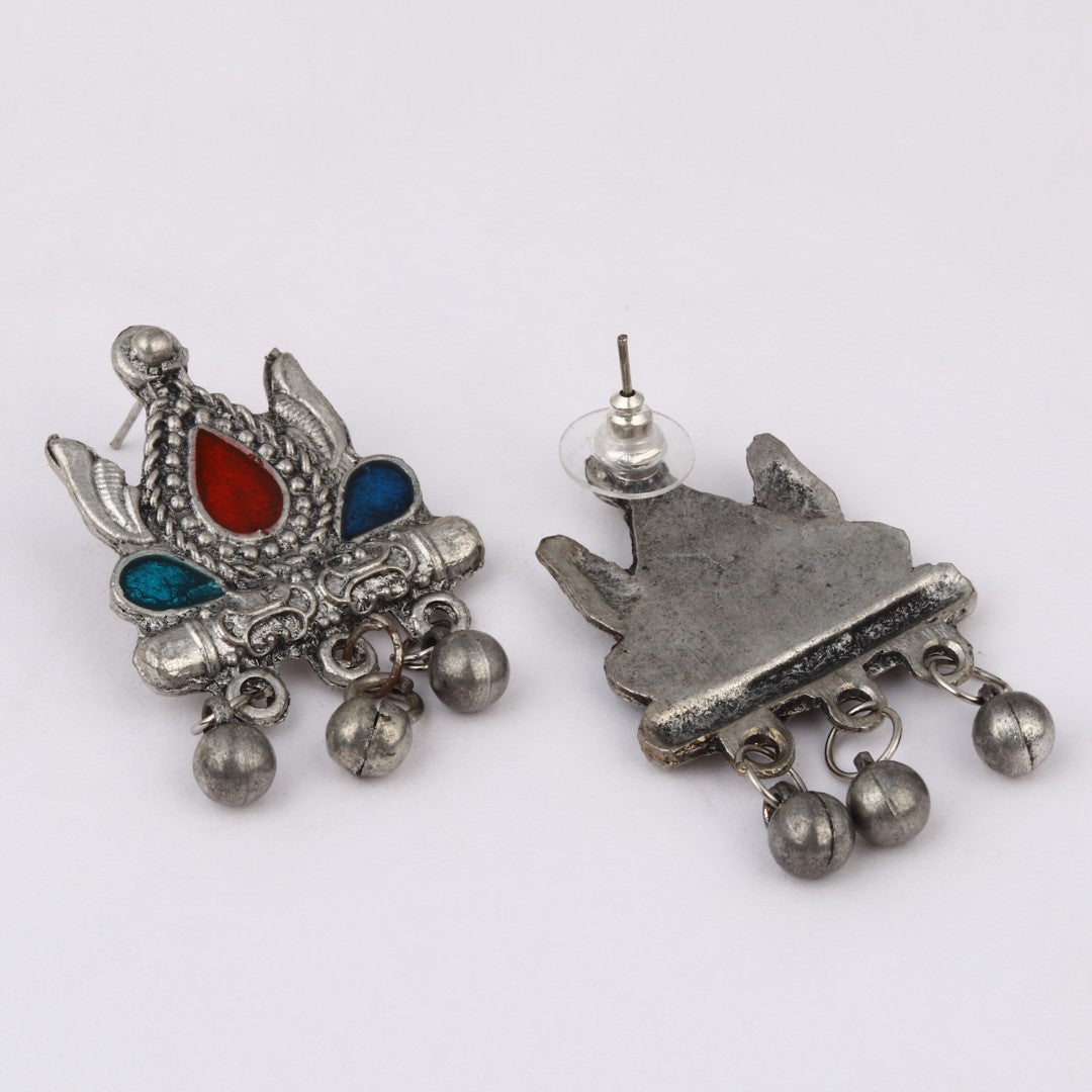 Silver Oxydised finish necklace set with colourful Meenakari