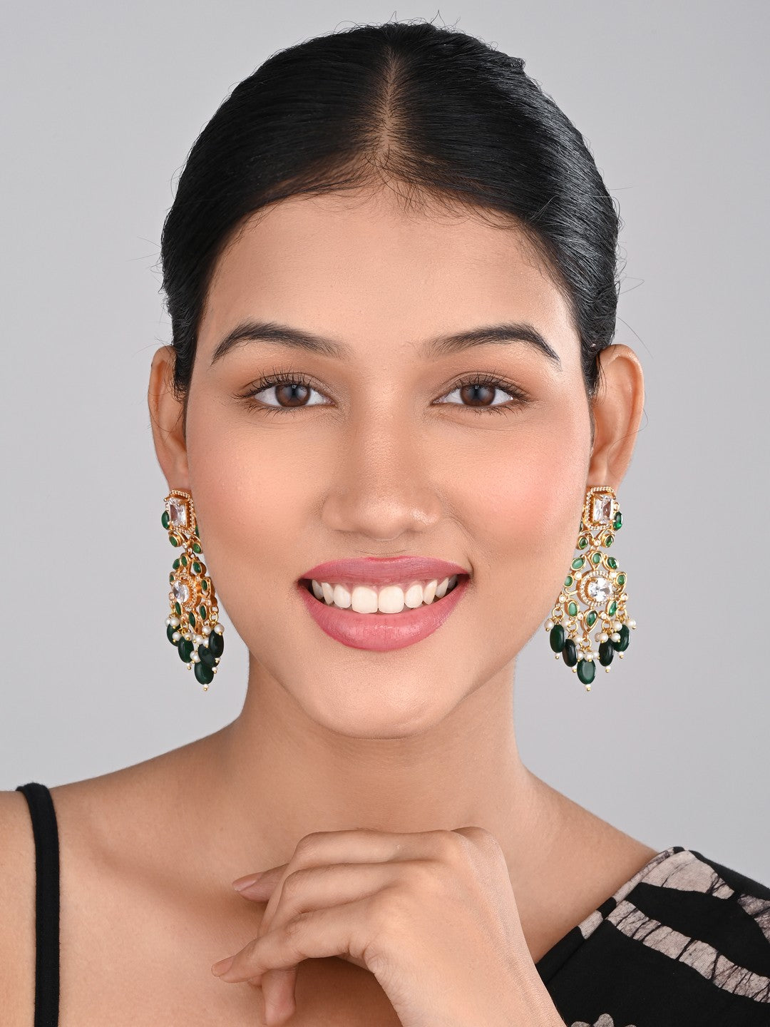 Gold plated Kundan & AD stone chandbali bali - Green