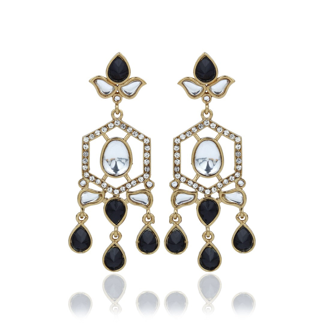 Vanya Black Kundan Geometric Drop Earrings