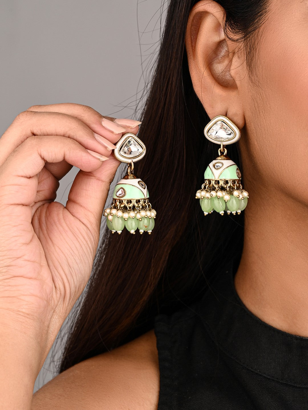 Enamelled Jhumka Earring - Sage green
