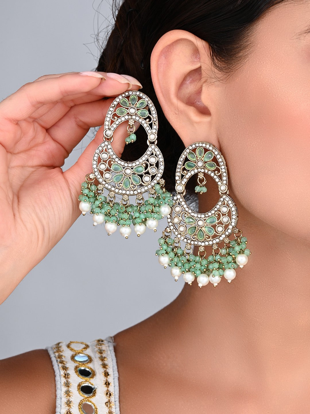 Gold-Toned Kundan Drop Earrings with Mint Green Bead Fringe