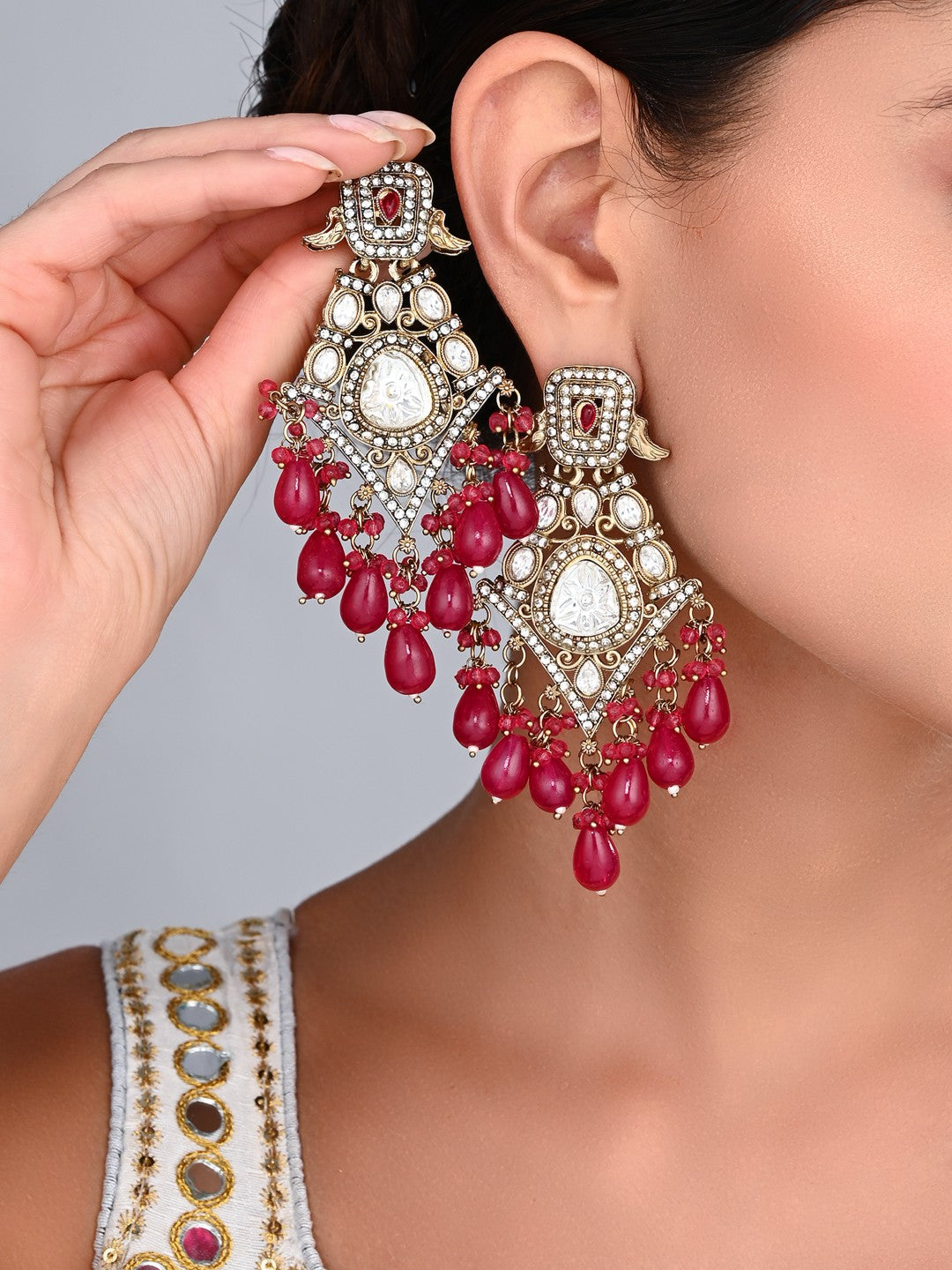 Gold-Toned Kundan Chandelier Earrings with Red Bead Drops