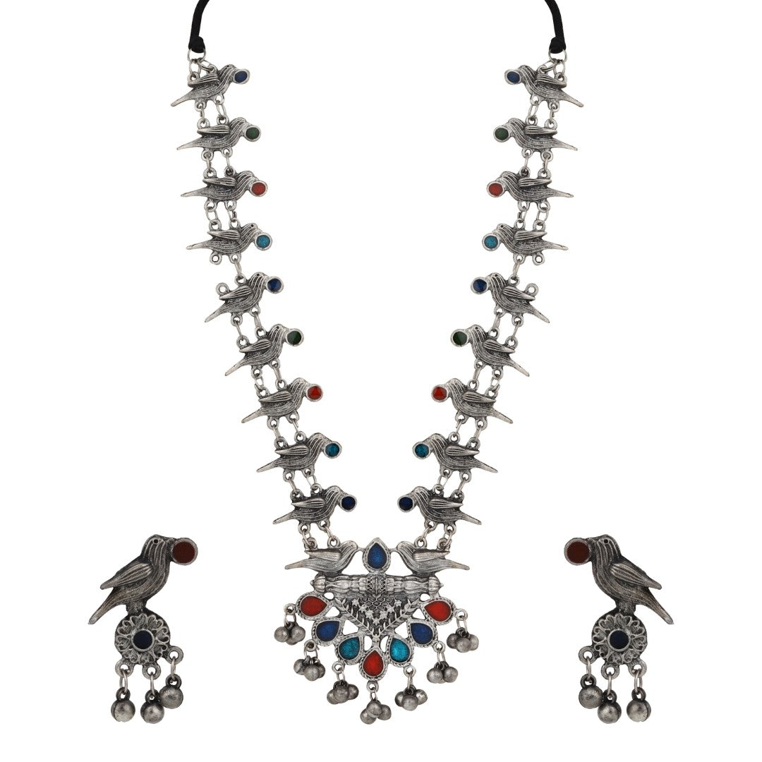 Silver Oxidised Finish Meenakari Jewellery Set