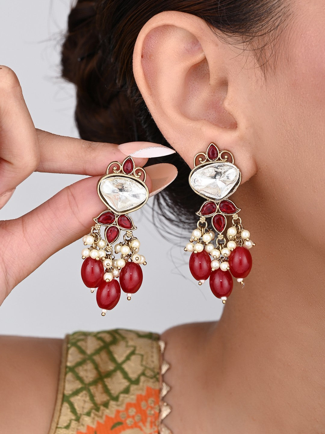 Gold plated Kundan & Pearl drop Earrings- Red
