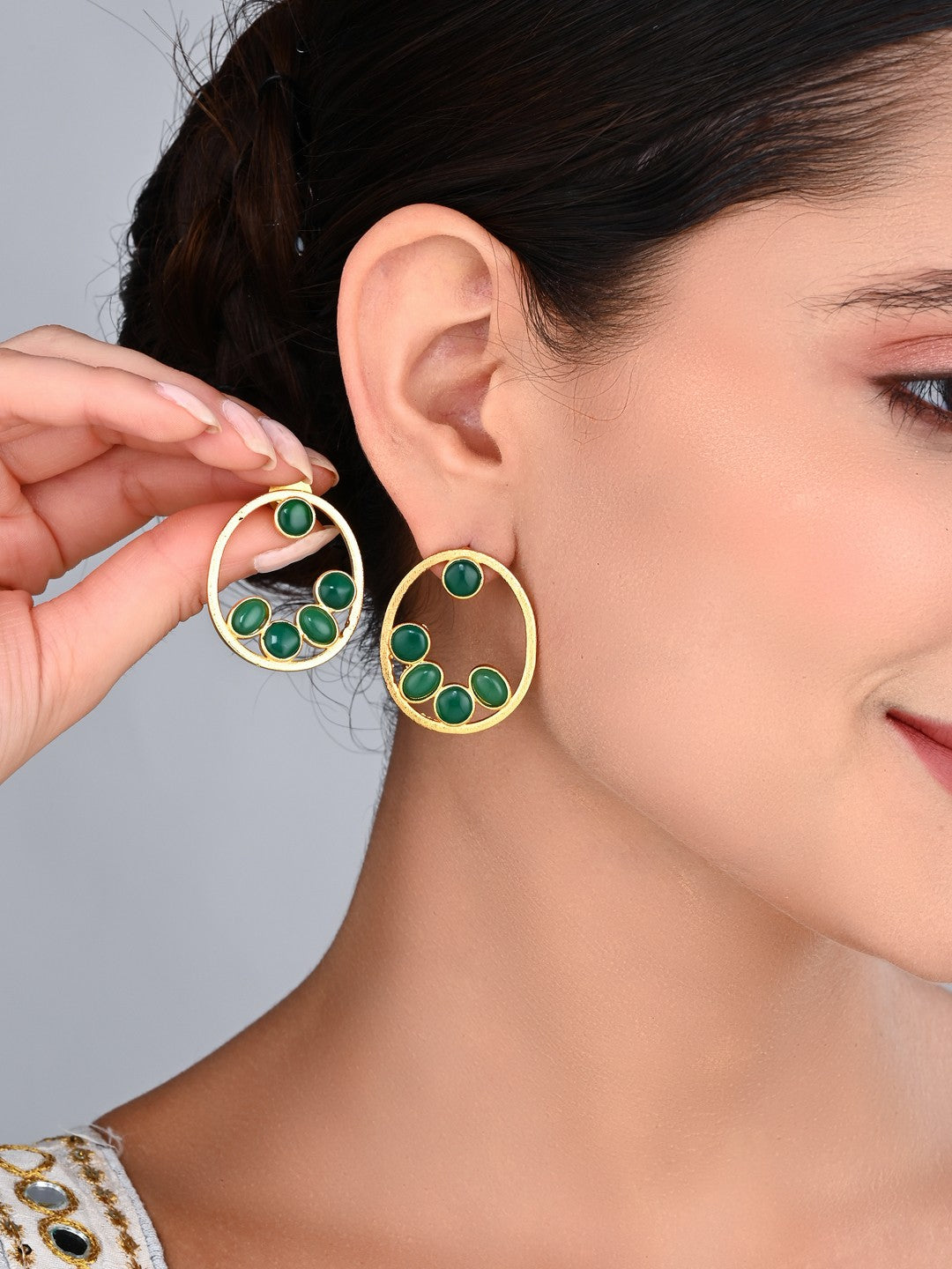 Green Stone Gold-Toned Oval Statement Earrings