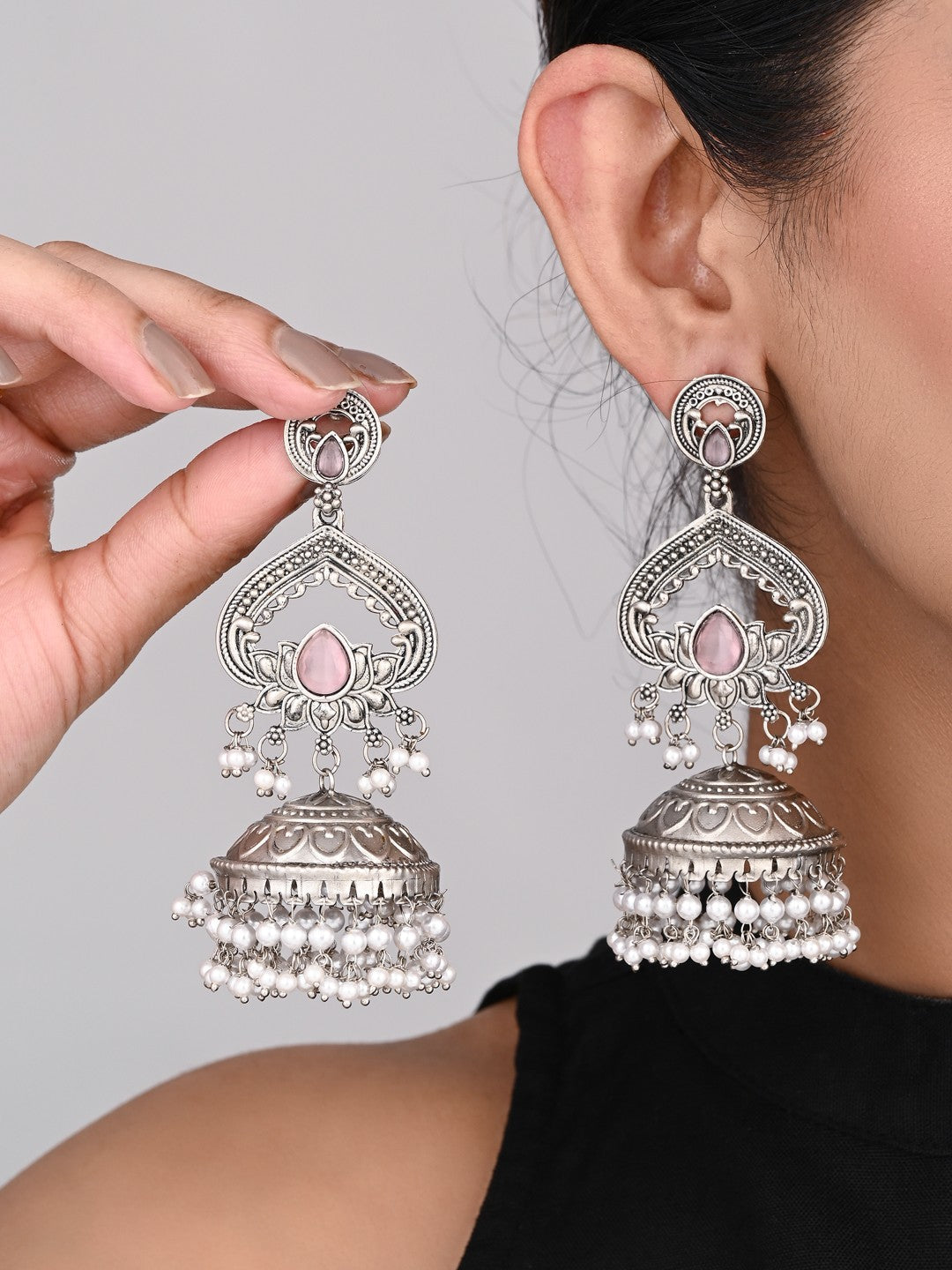 Silver plated long Jhumka - Pink