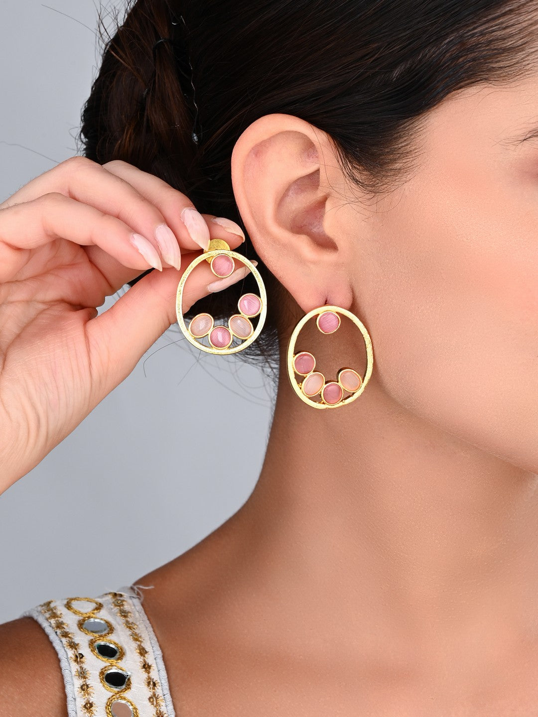 Pink Stone Gold-Toned Oval Statement Earrings