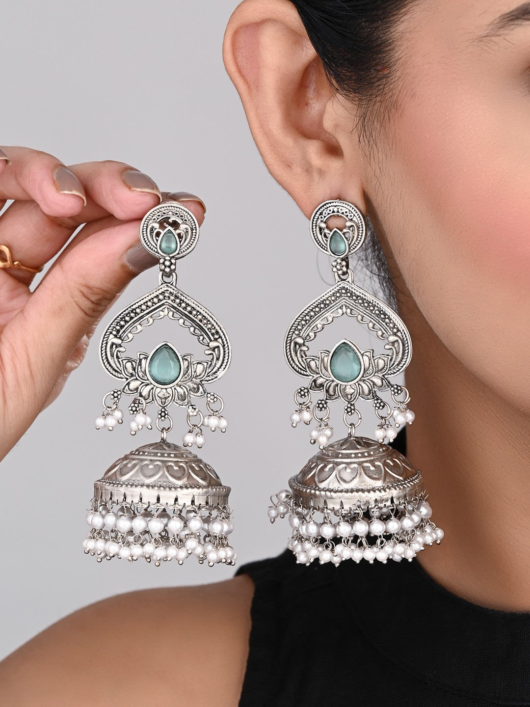 Silver plated long Jhumka - Blue