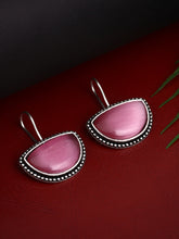 Silver Oxidized Drop Earrings with Pink Monalisa Stone