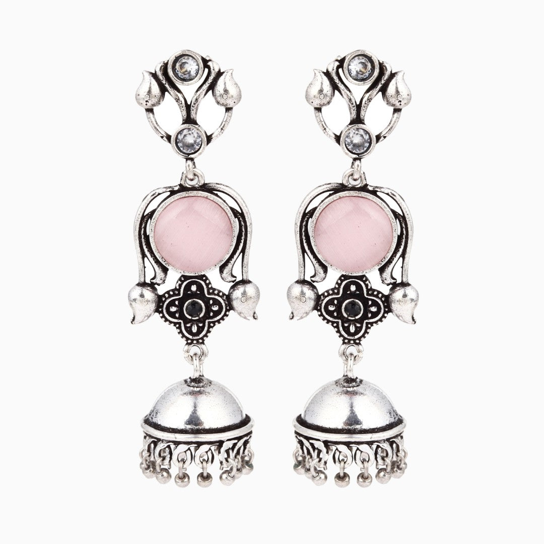 Silver oxydised lightweight long Jhumka Pink