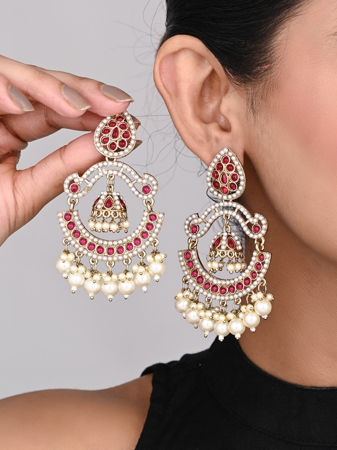 Gold plated Stone & beads chandbali Earring Red