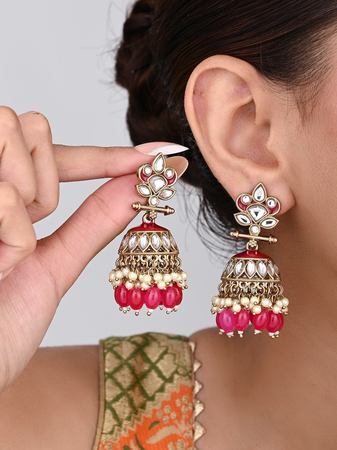 Gold plated Kundan & Meenakari Jhumka Earrings - Pink