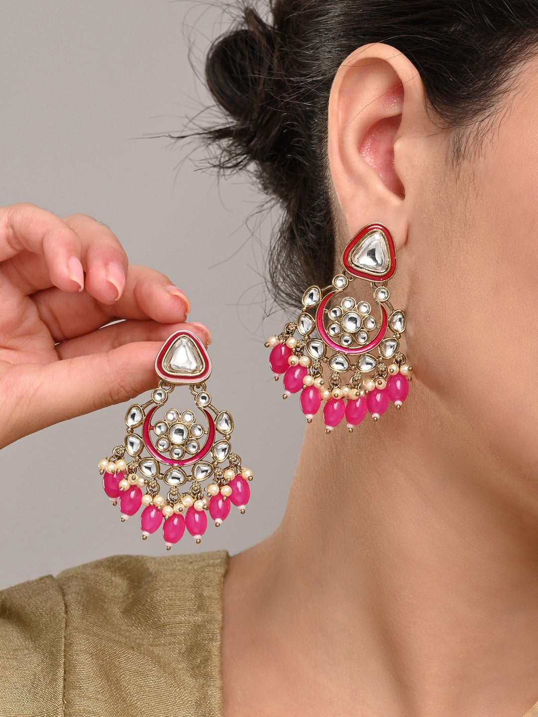 Gold plated kundan & Meenakari Chandbali Earring Pink