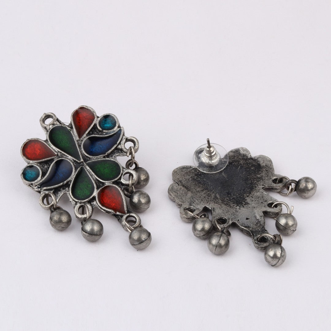 Silver Oxydised finish Pendant necklace set with colourful Meenakari