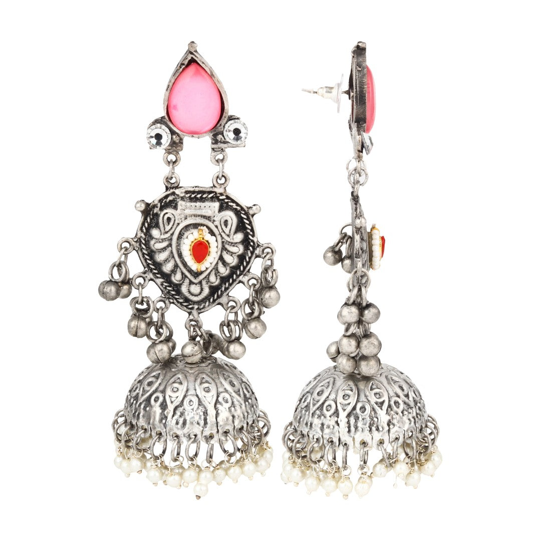 Silver oxydised lightweight long Jhumka Earring - Pink