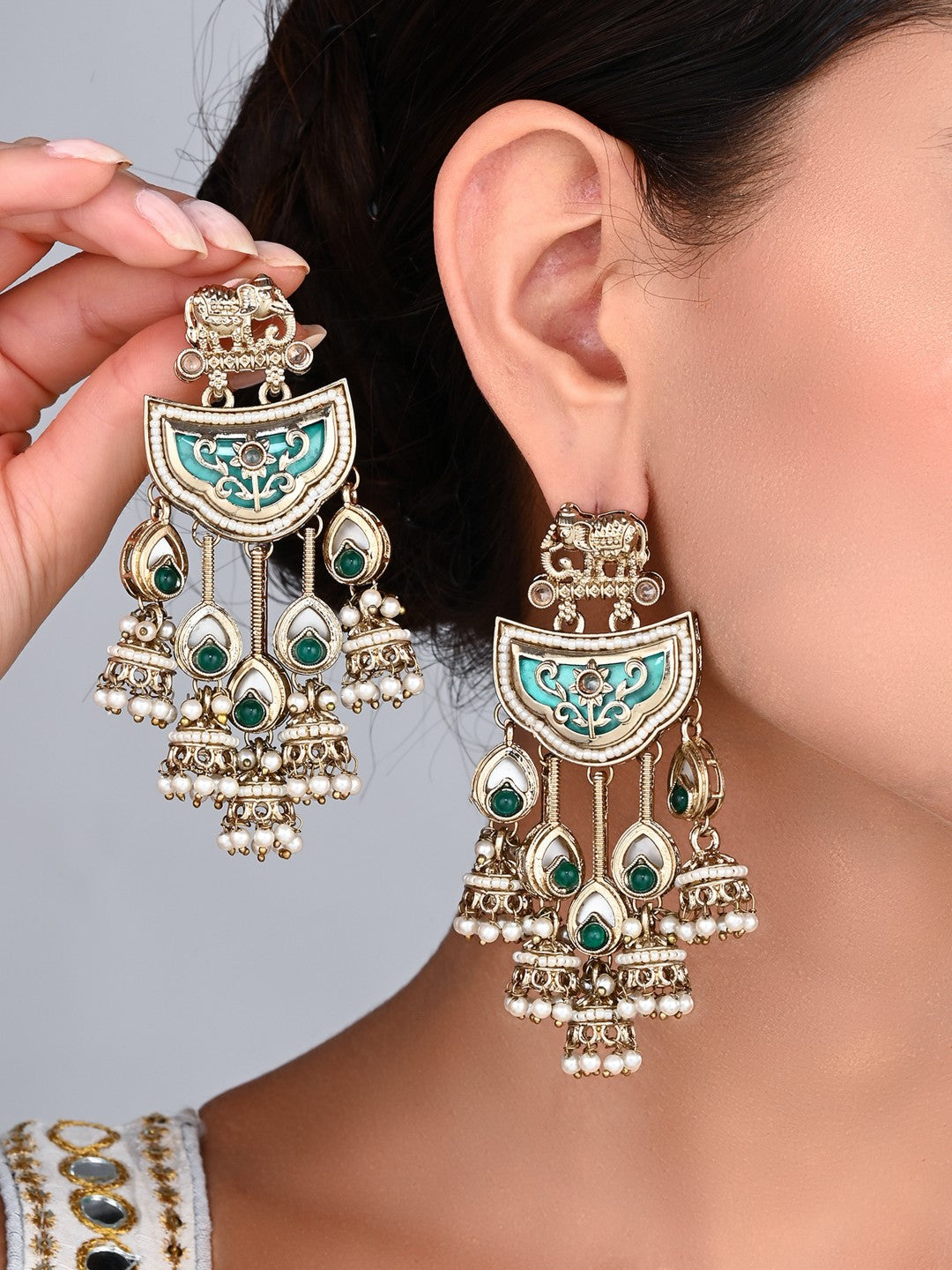 Gold-Toned MOP Chandelier Earrings with Jhumka Drops Green