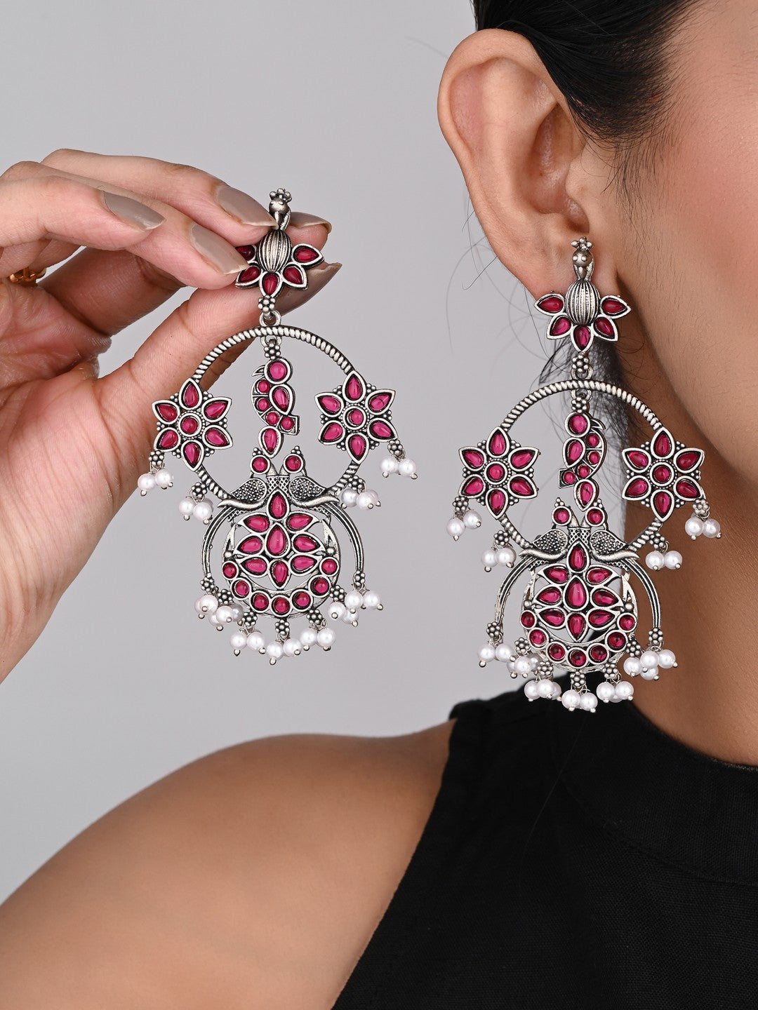 Silver plated contemporary Chandbali with Pink stones