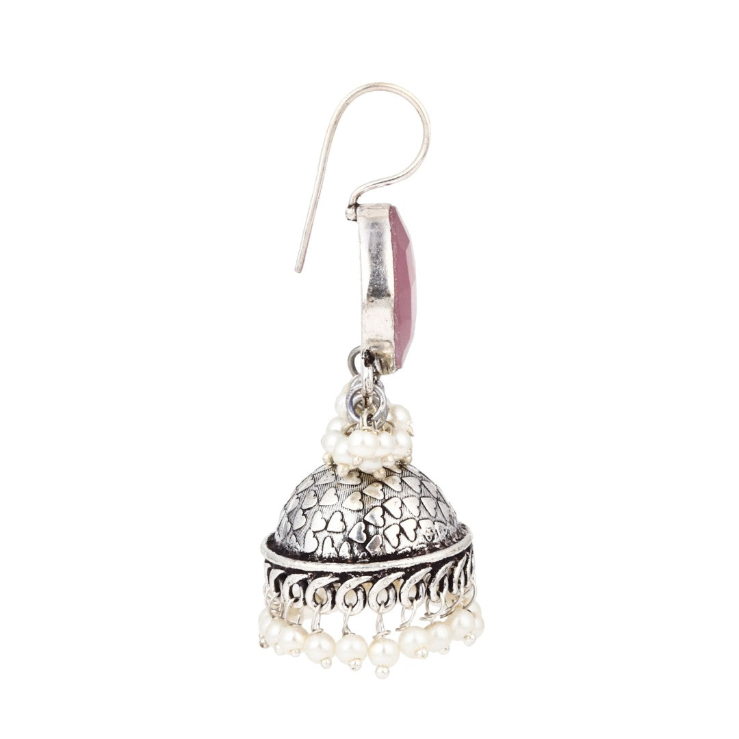 Silver Oxidised finish Jhumka with Pink Stone