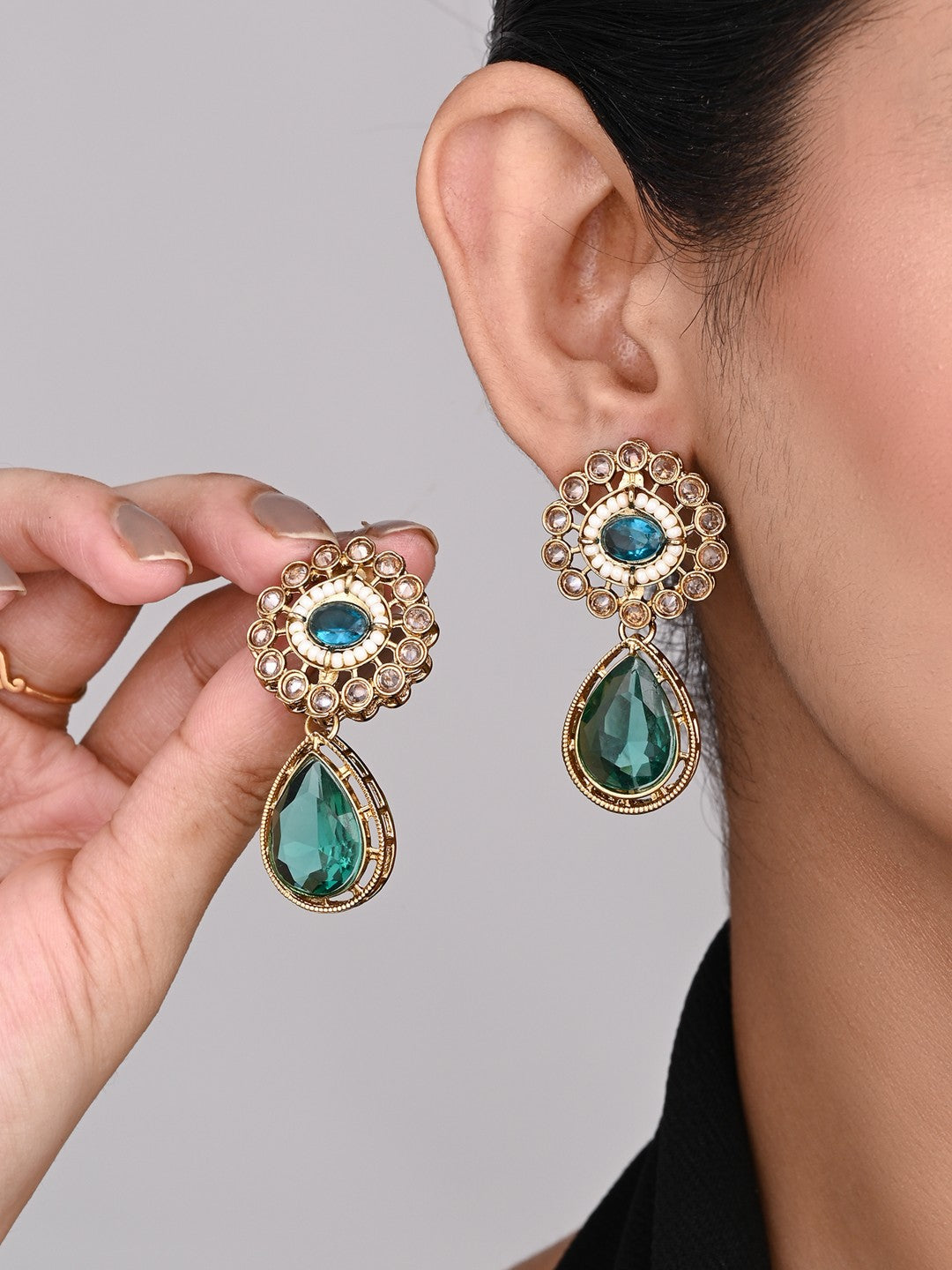 Gold plated Flower Stud with tear drop earring - Blue