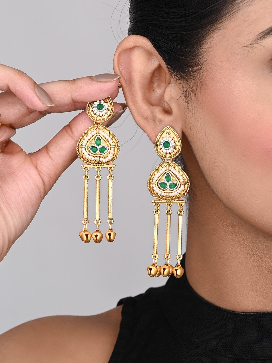 Antique Gold Temple Drop Earrings Green