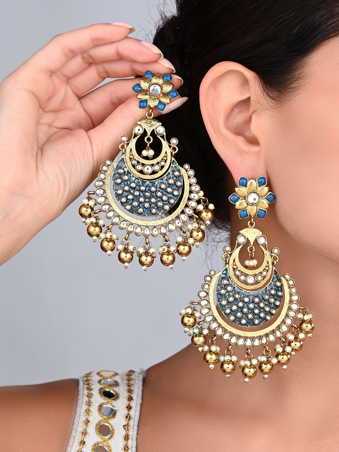 Meher Blue Meenakari Chandbali Earrings