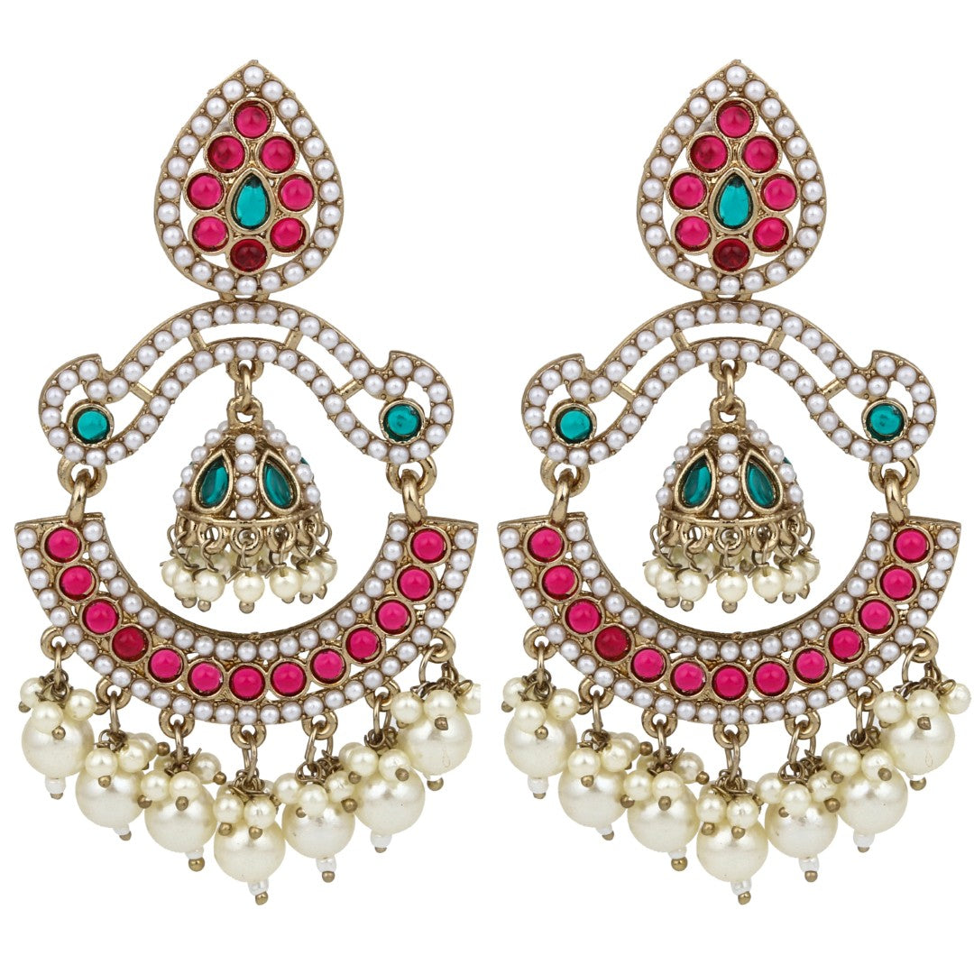 Gold plated Stone & beads chandbali Earring - Multi