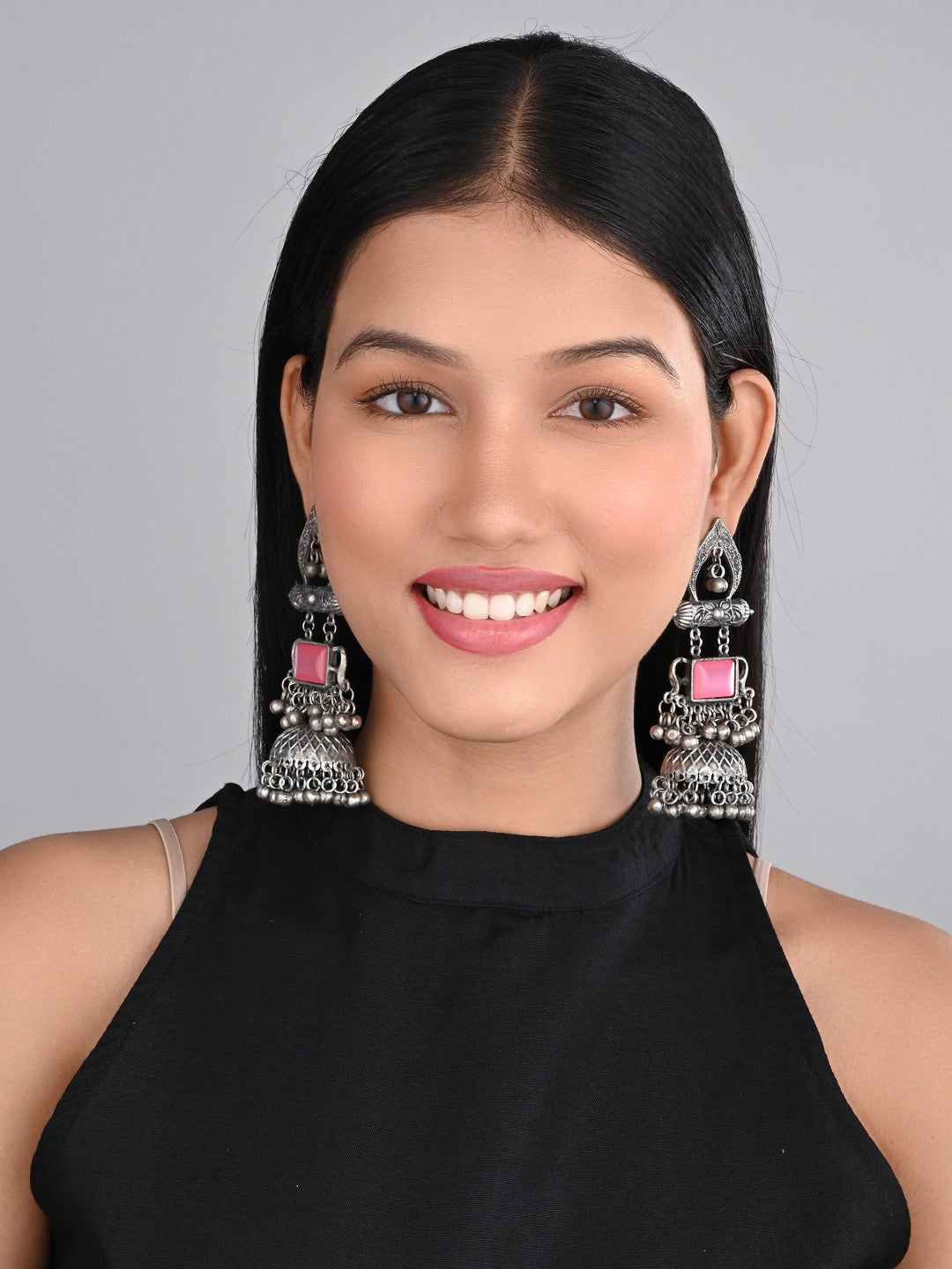Silver oxydised lightweight long Jhumka with Pink Stone