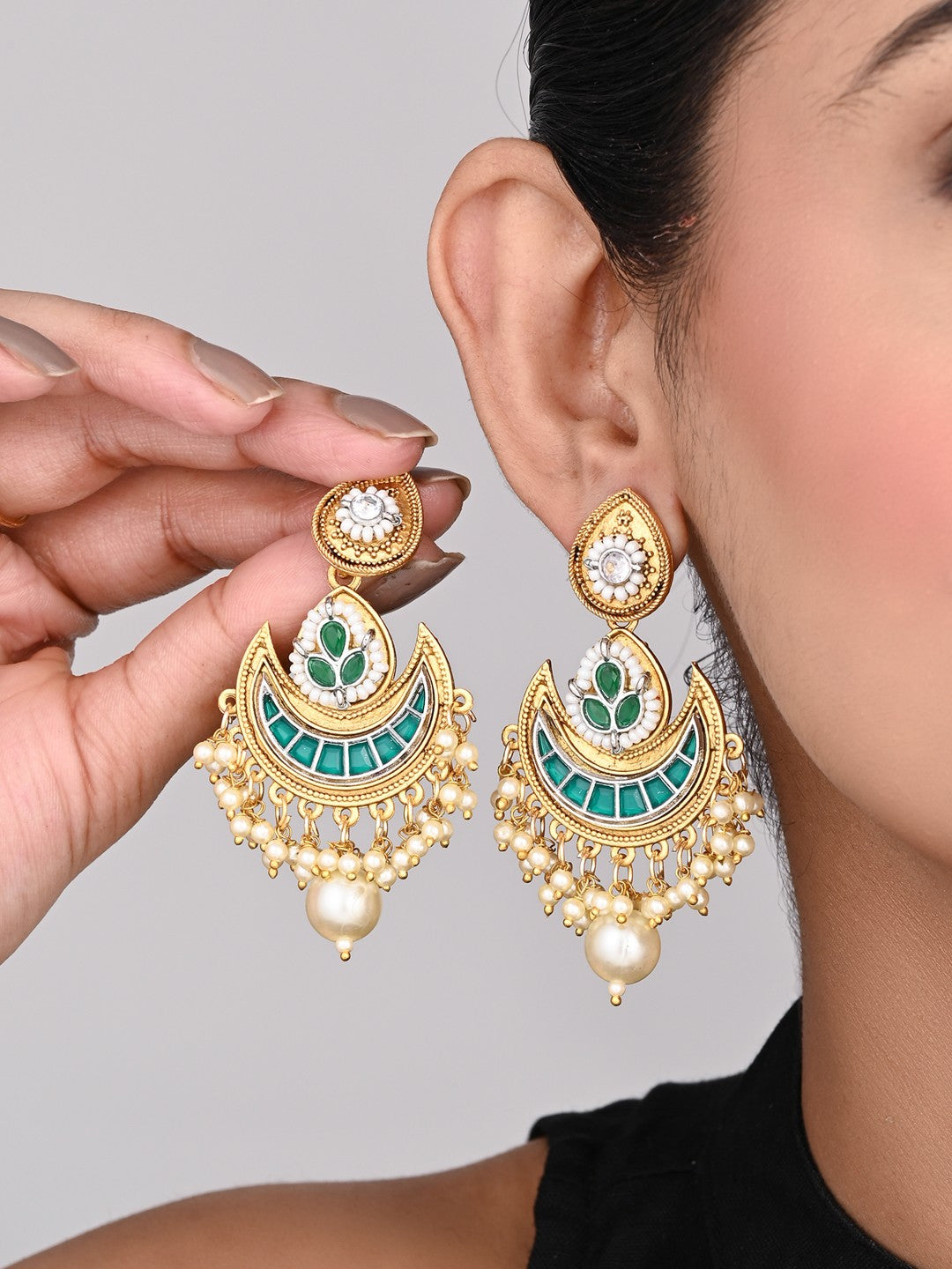 Gold-Plated Crescent Green Chandbalis