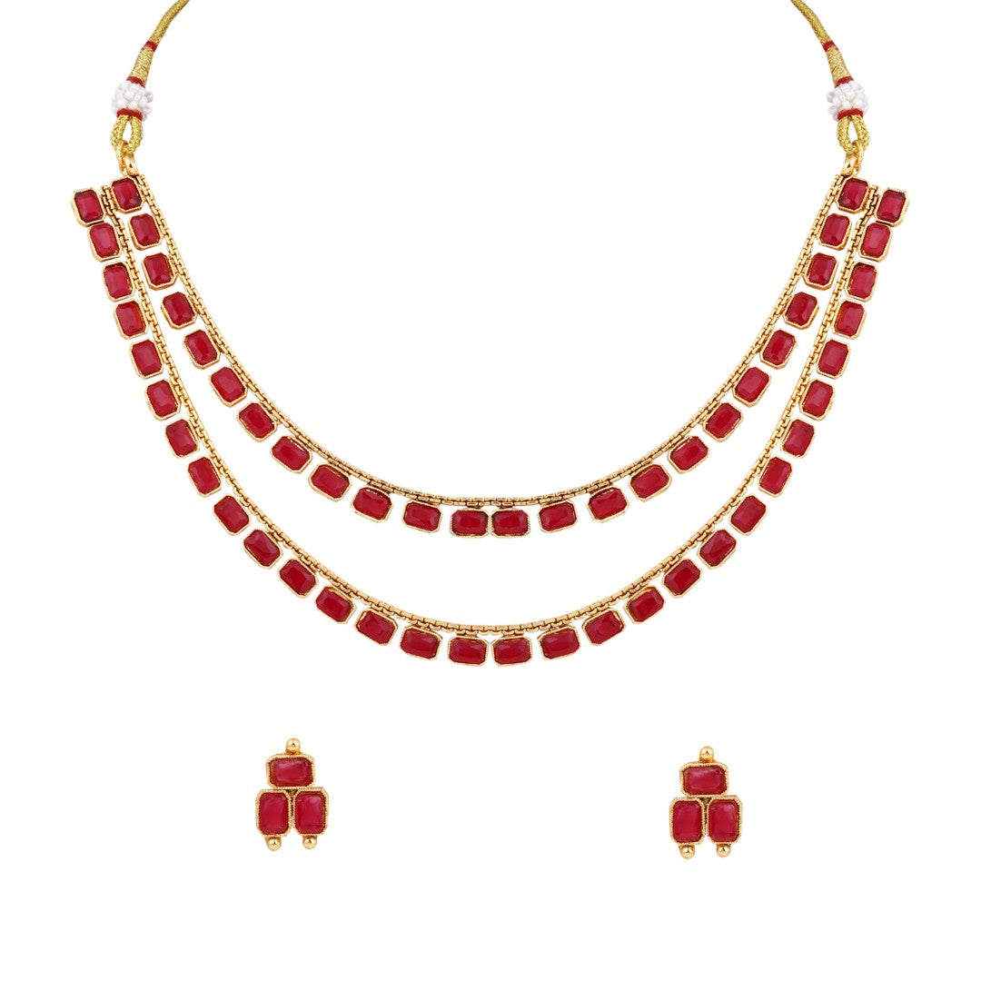 Ruby Royale Double-Layer Gold-Tone Necklace & Earrings Set