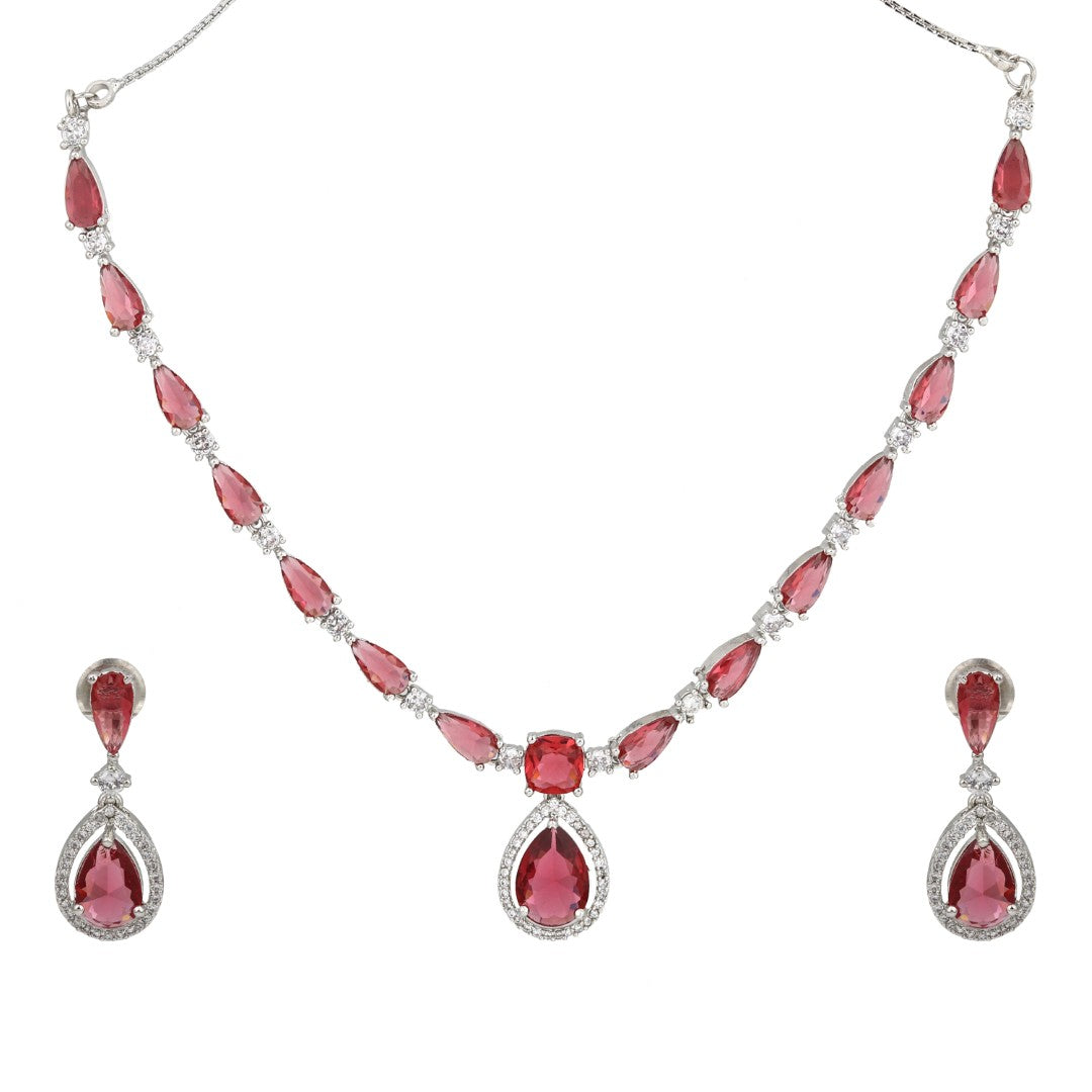 Silver-Tone Ruby Red Teardrop Necklace Set