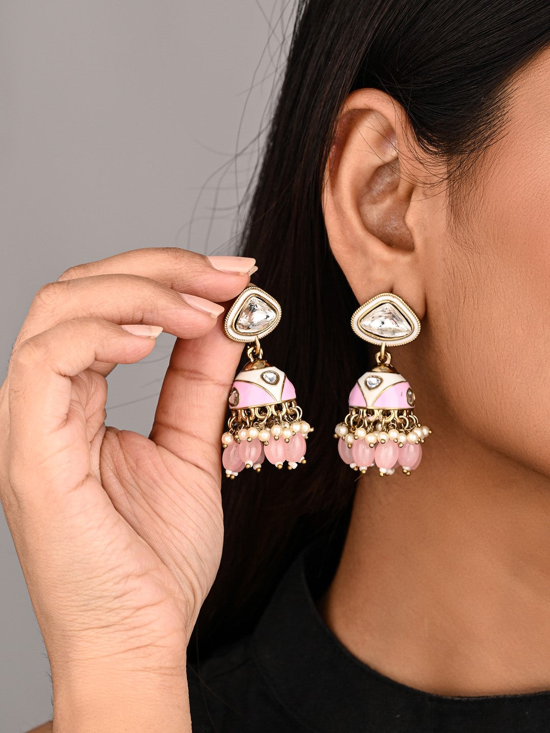 Enamelled Jhumka Earring - Light Pink
