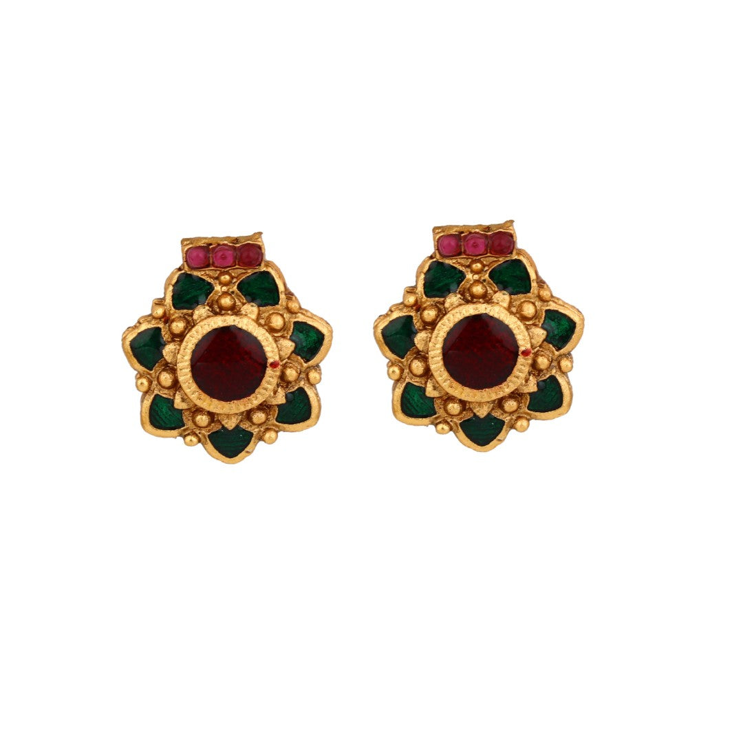Antique Gold Goddess Motif Temple Necklace Set Red
