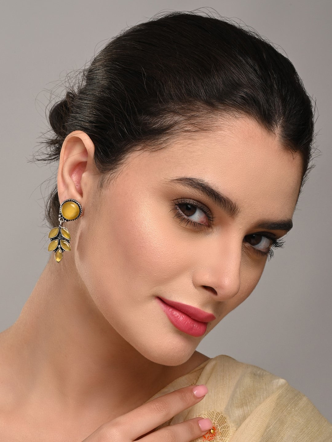Silver Oxydised finish Yellow stone work drop earring