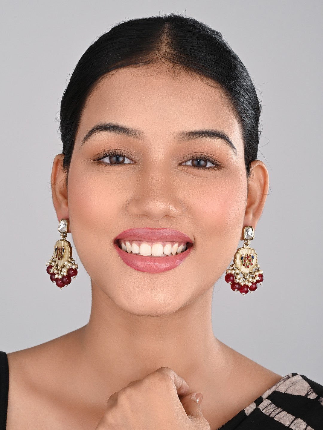 Contemporary kundan, MOP & Meenakari Drop Earring Red
