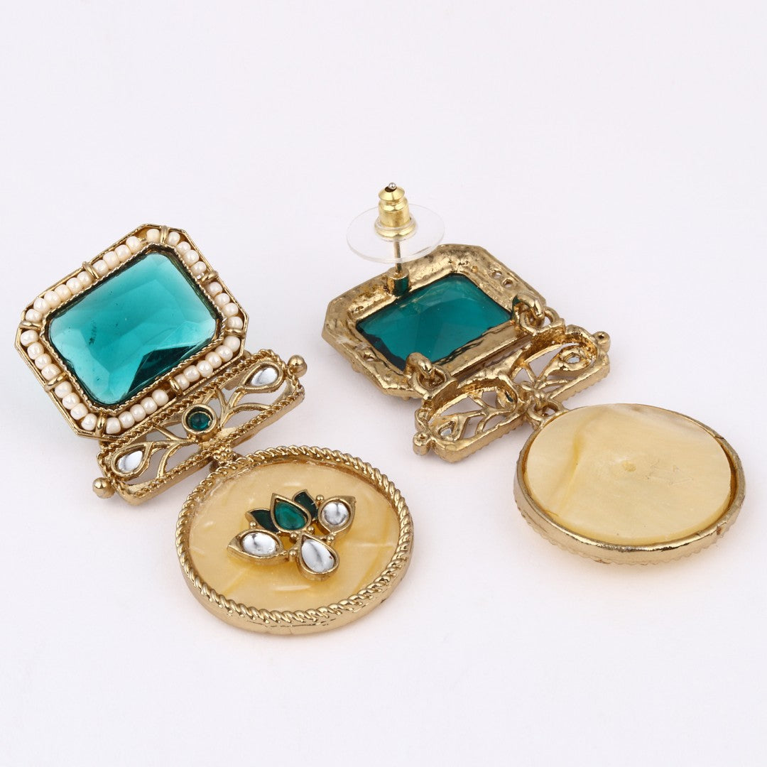 Gold-Plated Geometric Drop Earrings with MOP Filigree Green