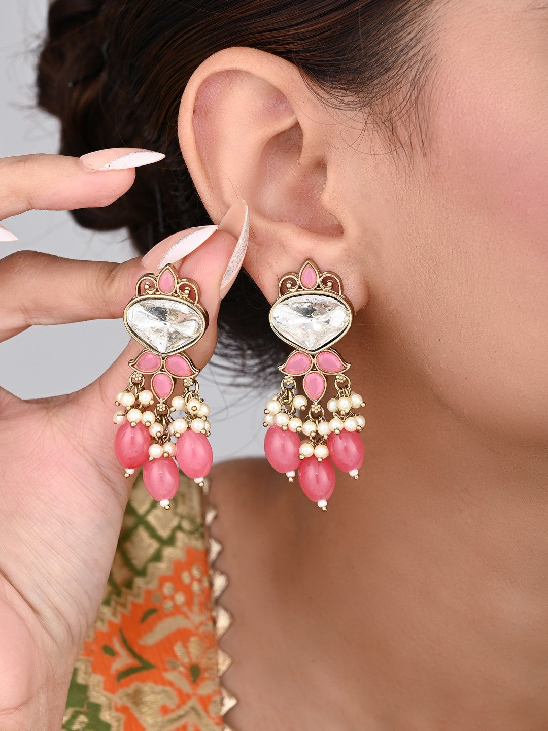 Gold plated Kundan & Pearl drop Earrings- Pink