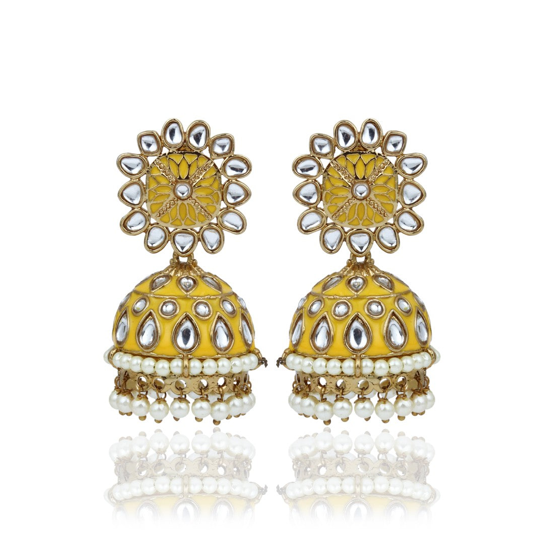 Kesari Yellow Meenakari Jhumka Earrings