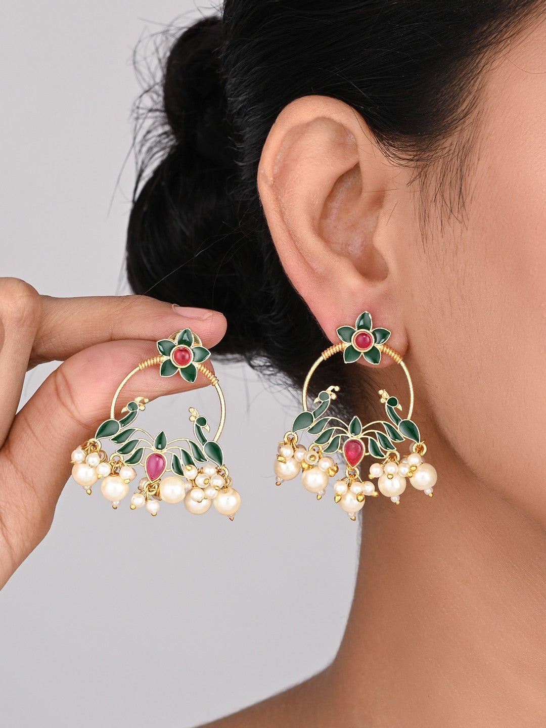 Gold-Plated Chandbali Earrings with AD Stones & Meenakari