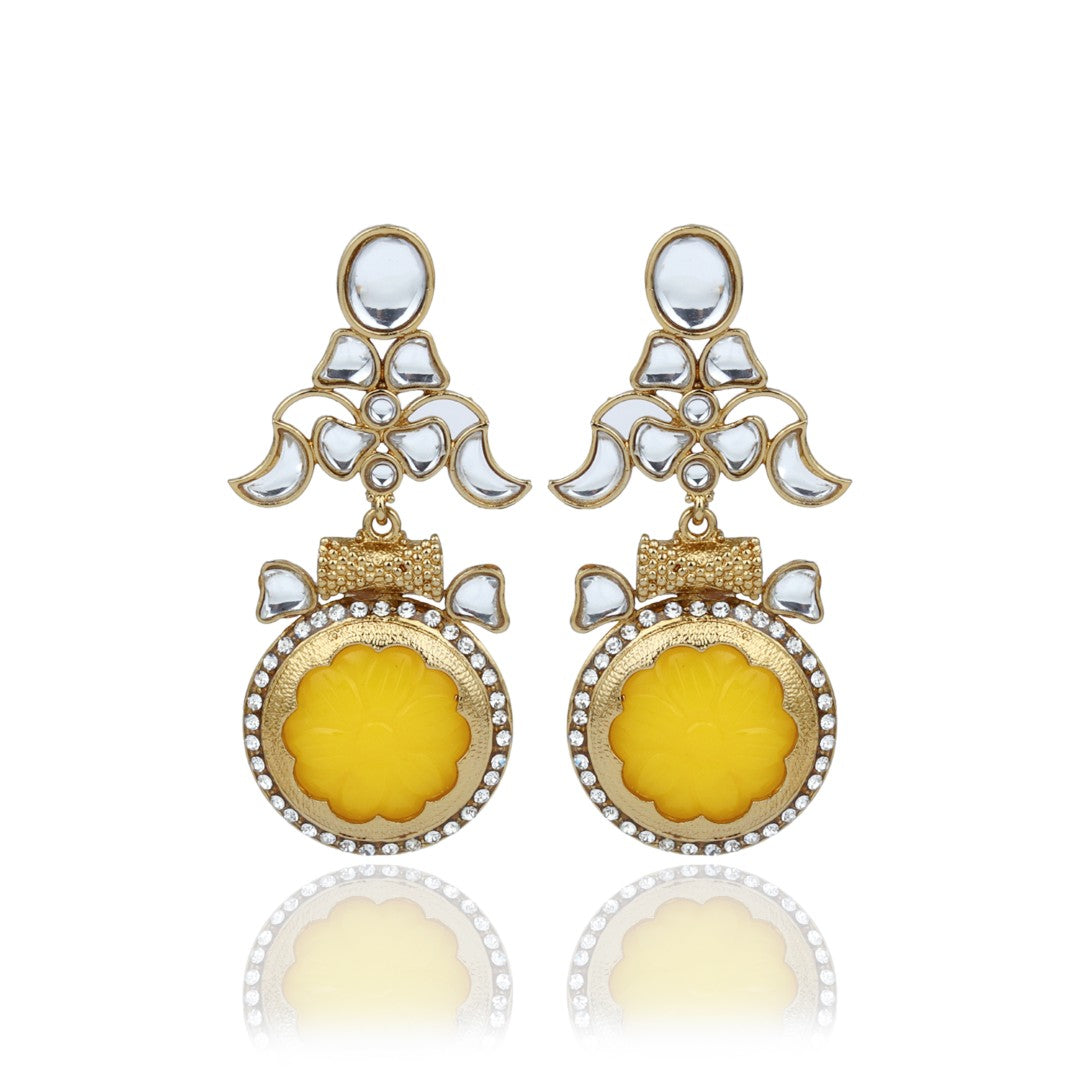 Aarna Yellow Floral Kundan Drop Earrings