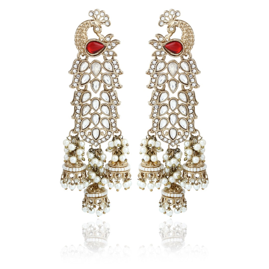 Gold-Toned Drop Earrings with Stone Accents Red