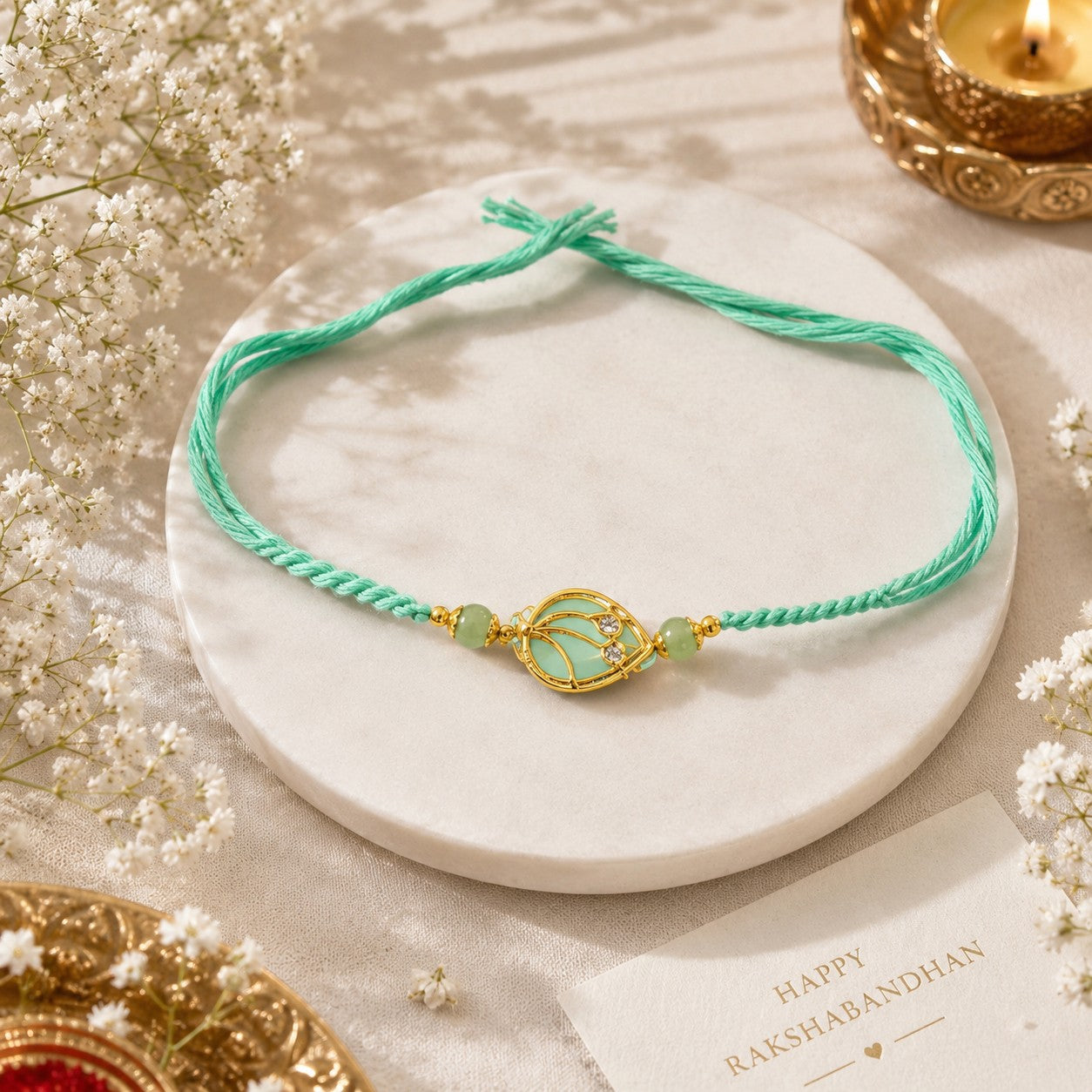 Pastel Elegance & Crystal Teardrop Rakhi Set