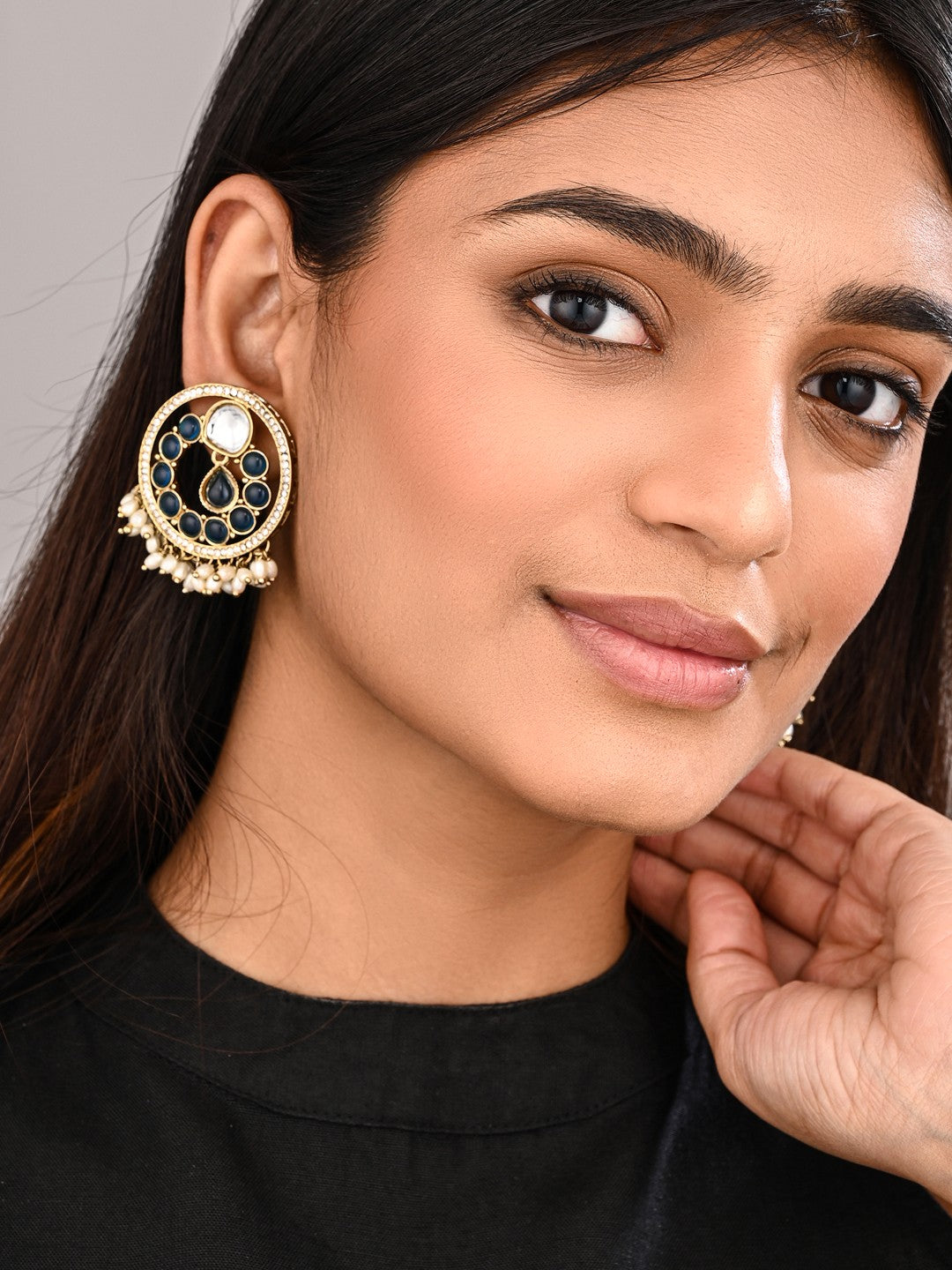 Regal Kundan Pearl Chandbali Earrings - blue