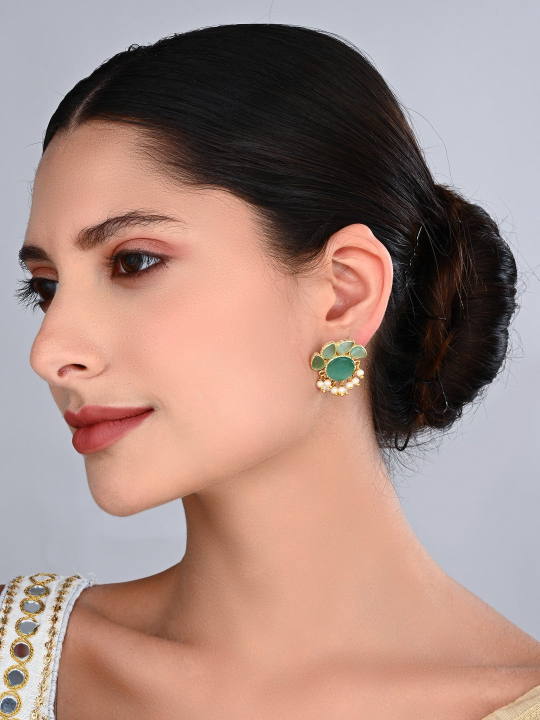 Stone Gold-Toned Earrings with Pearl Drops - Blue