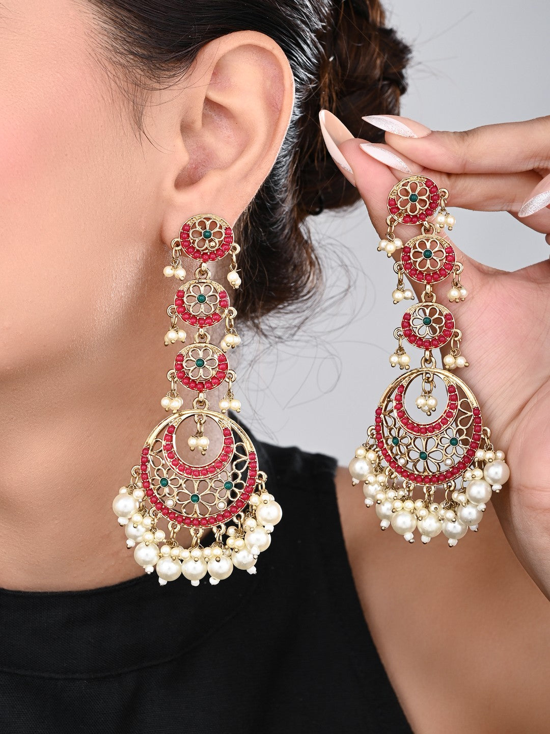 Circle Long drop Earring - Red