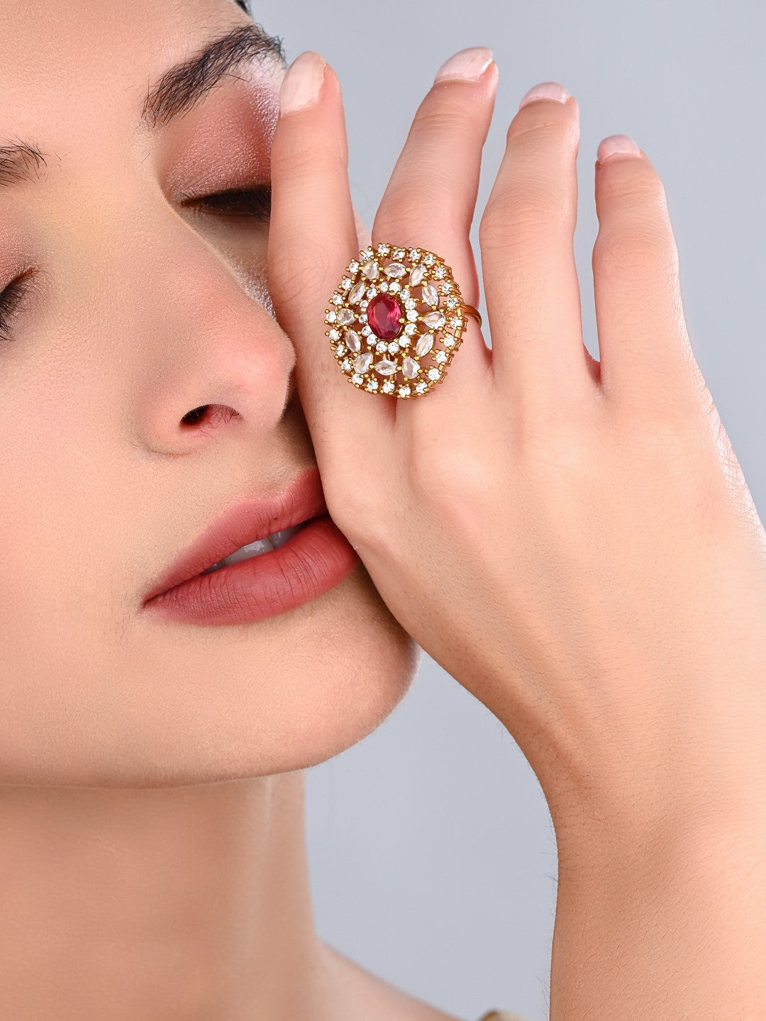 Ruby Red Stone & Crystal Floral Ring