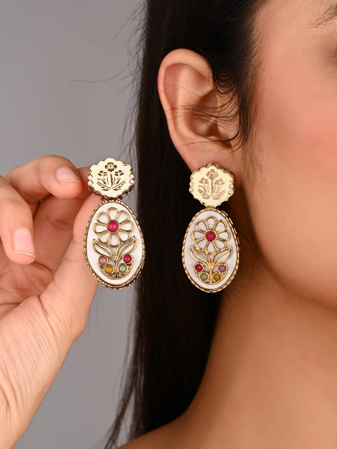MOP Meenakari Floral Drop Earrings - Multi
